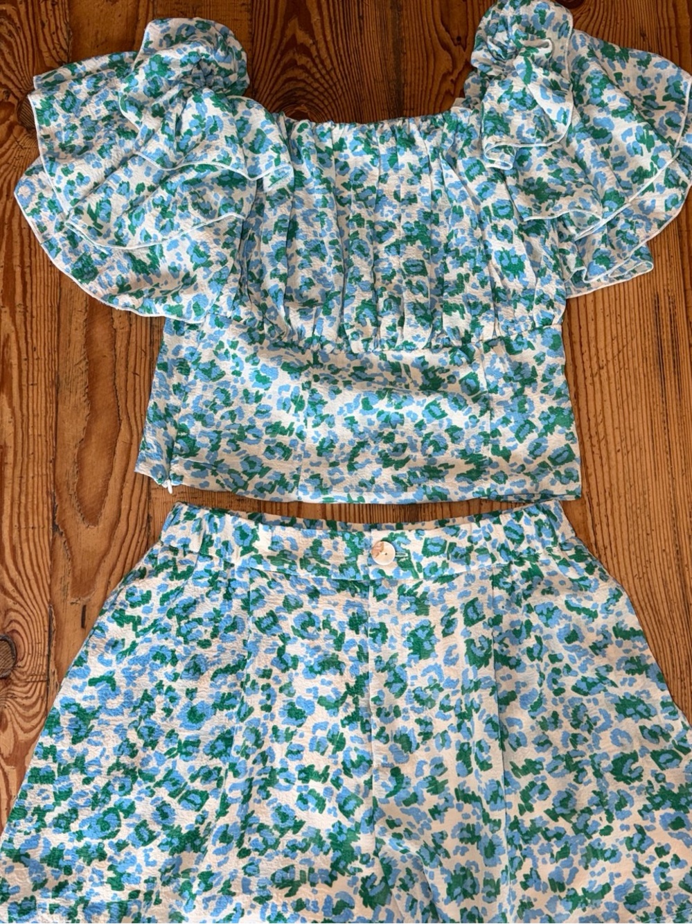 Molly Bracken Blue & Green Floral Two-Piece Set - Ruffled Top & Shorts-SM